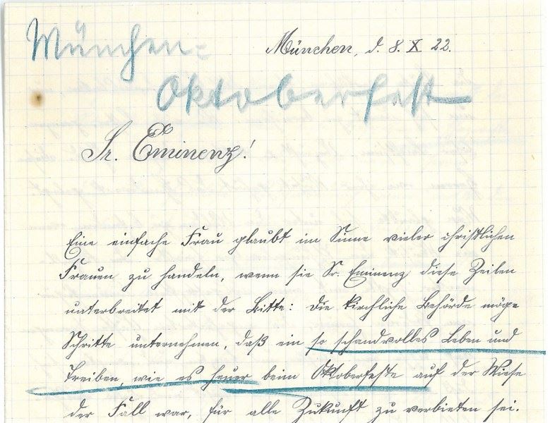 Brief von Frau P. Zahler an Kardinal Faulhaber, 8. Oktober 1922 (Ausschnitt)