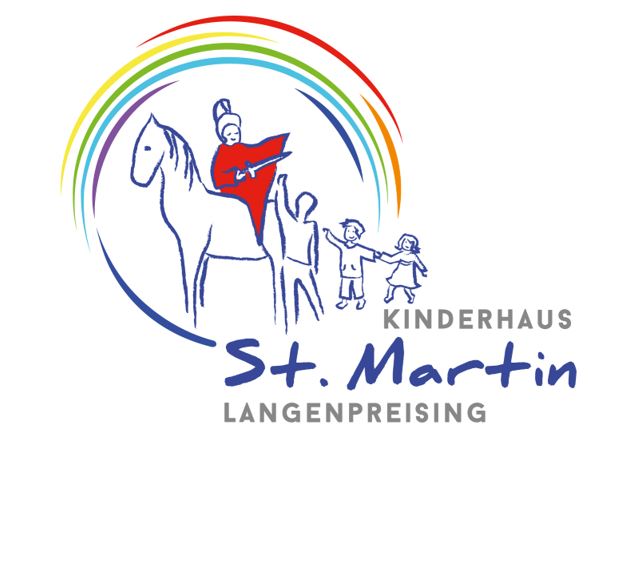 Der Heilige Martin teilt seinen Mantel mit den Kindern. Darüber erstrahlt der Regenbogen. Darunter ist der Schriftzug "Kinderhaus St. Martin Langenpreising".