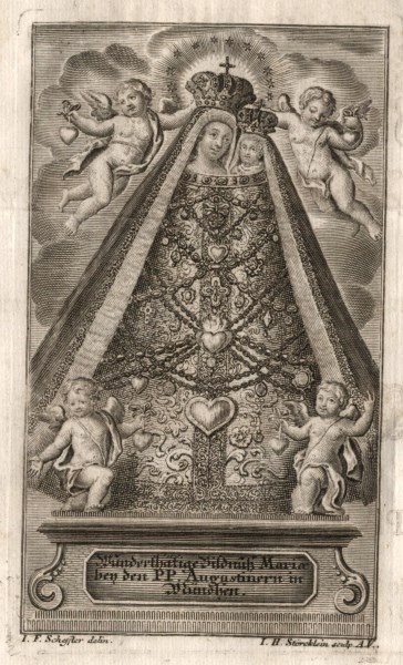 Das bekleidete, gekrönte und mit Votivgaben geschmückte Gnadenbild der „Hammerthaler Muttergottes“. Kupferstich von 1724
