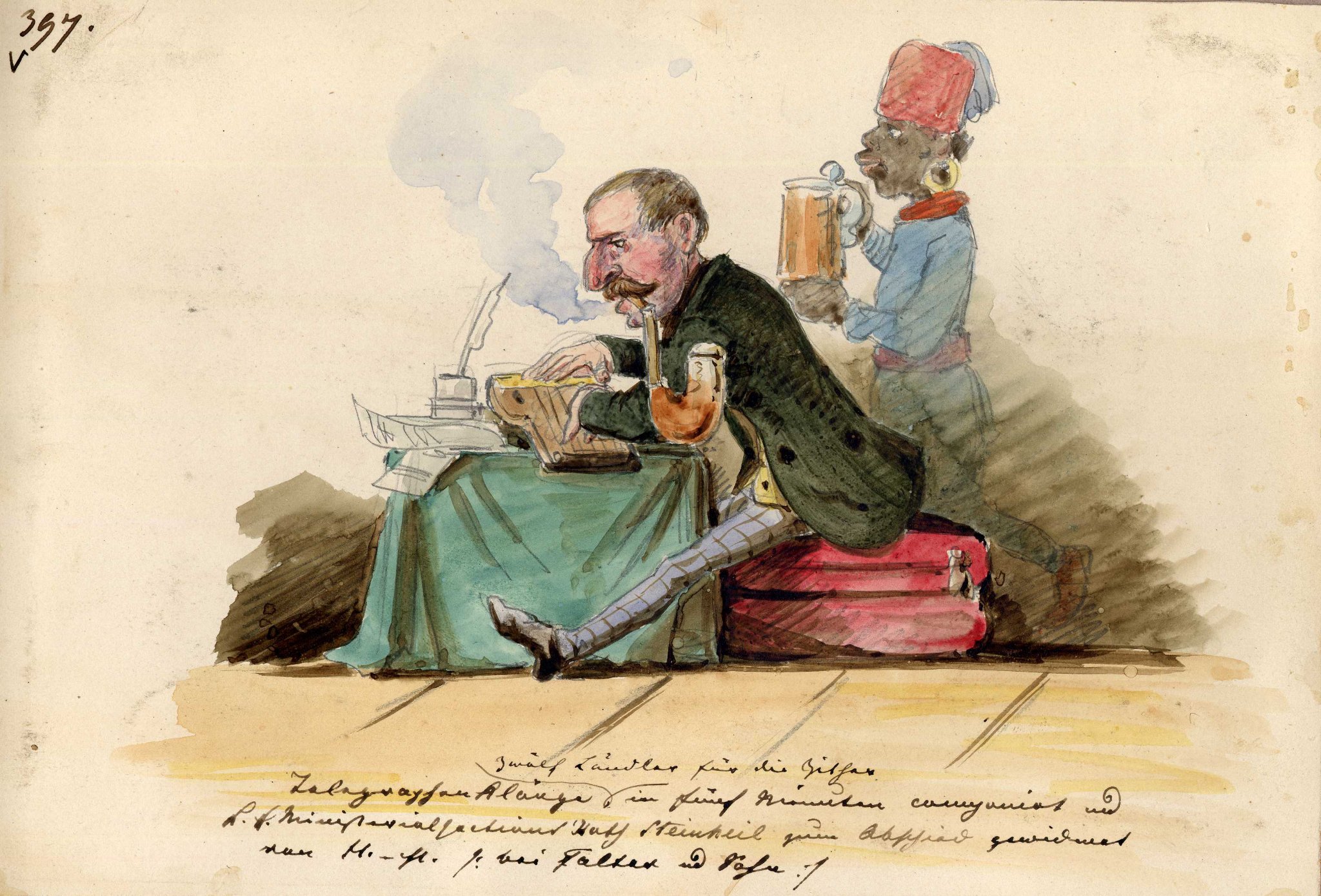 kolorierte Federzeichnung von Franz Graf von Pocci, 1849