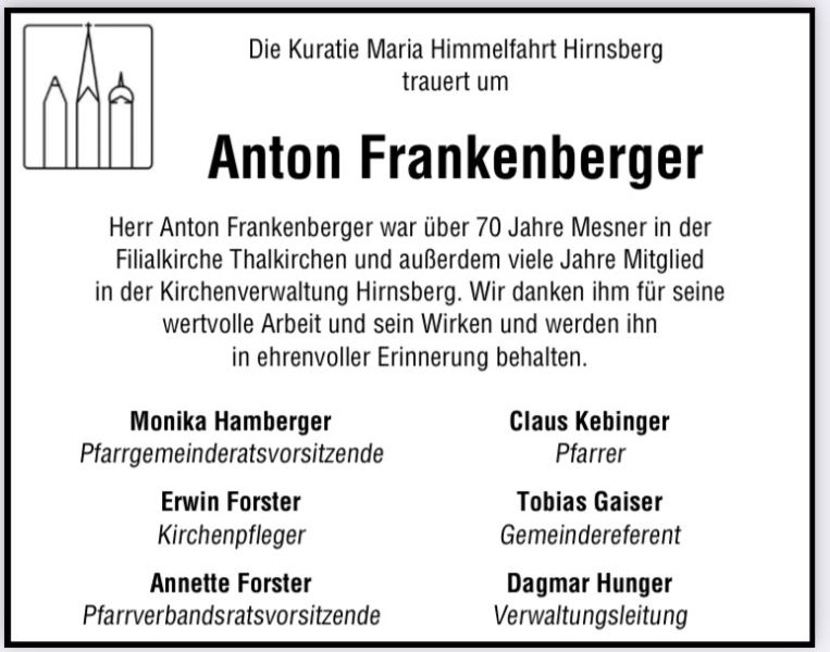 Nachruf Anton Frankenberger