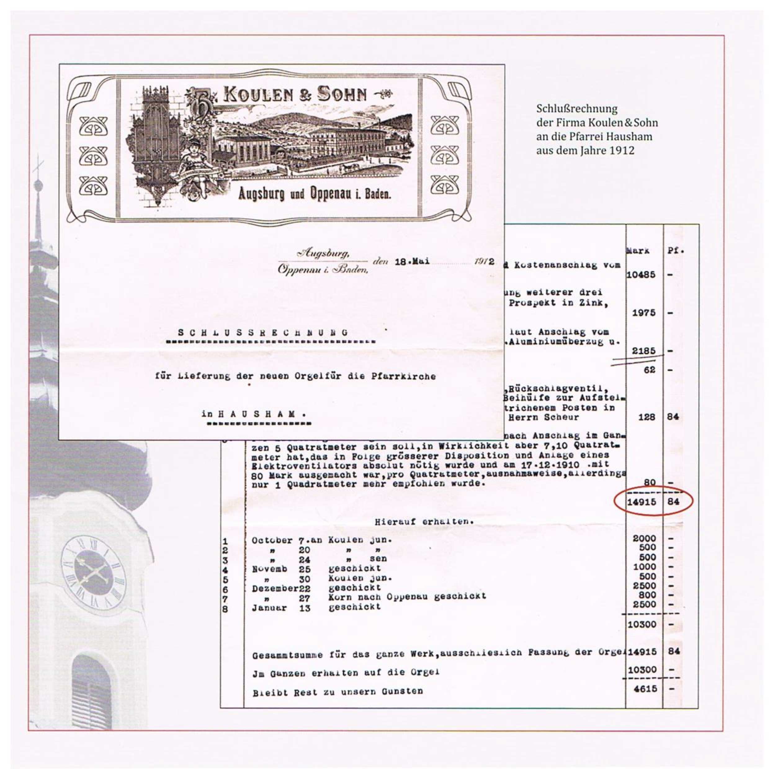 Schlussrechnung der Koulen-Orgel aus dem Jahr 1912