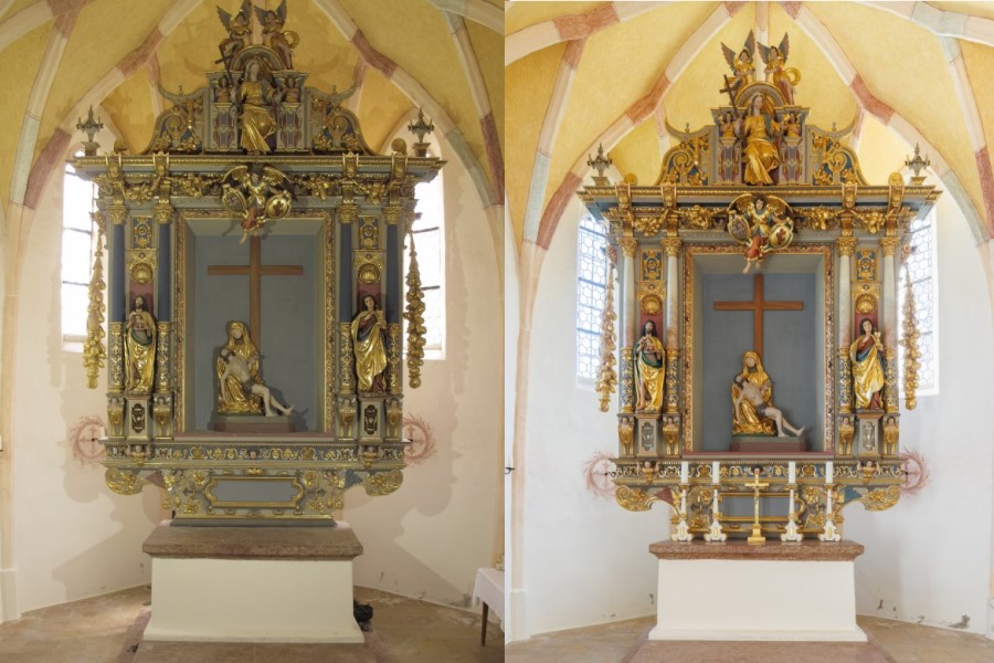 Renaissancealtar in Stöttham vor und nach der Restaurierung
