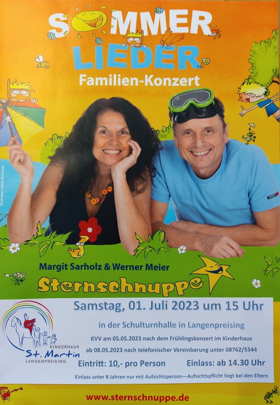 Einladung zum Konzert der Gruppe "Sternschnuppe" am Samstag, den 1. Juli 2023 in der Schulturnhalle Langenpreising