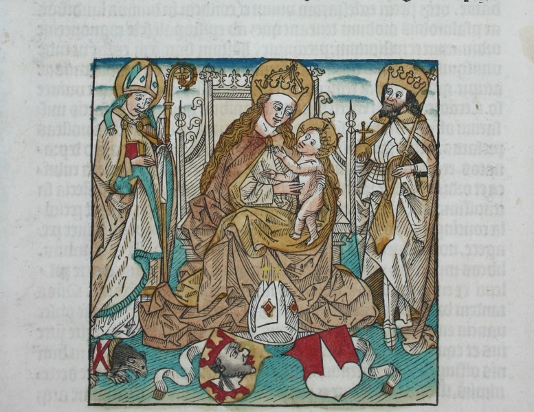 Gottesmutter Maria und die Heiligen Korbinian und Sigismund als Patrone des Freisinger Doms. Kol. Holzschnitt aus ersten gedruckten Freisinger Messbuch, 1487 (Dombibliothek Freising M/J 00214)