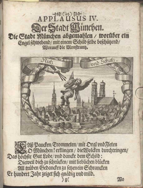 Göttlicher Schutz für die Stadt München. Kupferstich von Michael Wening, in: Lieblich rüchende Centifolia […], München 1709, Dombibliothek Freising Rar00241