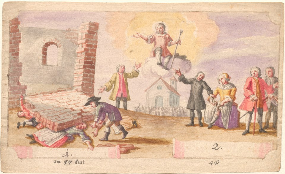 Wunder des heiligen Isidor. Entwurfszeichnung von Balthasar Mang d.Ä., um 1765<br/>Archiv des Erzbistums München und Freising, Plansammlung PLS20162