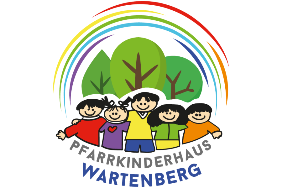 Logo des Kinderhauses mit 5 Kindern, Bäumen und Schriftzug