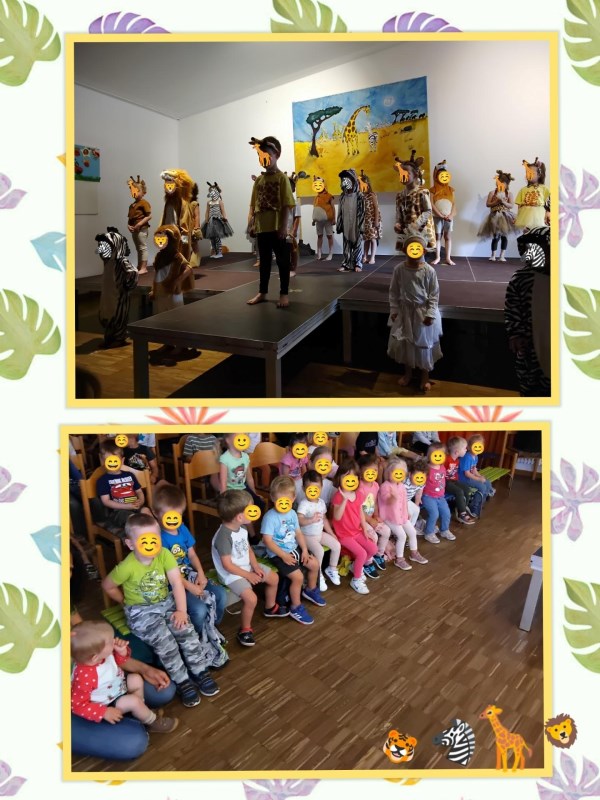 Auf dem Bild sind die Kindergartenkinder der Spatzengruppe bei ihrer Musicalaufführung zu sehen.