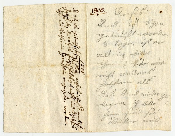 Zettel mit Angaben zu dem am 8. Oktober 1807 aufgefundenen Kind Joseph Stiegler