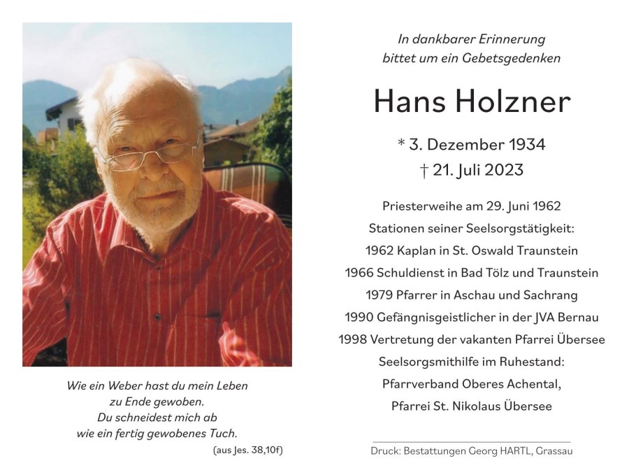 Sterbebild Hans Holzner Pfarrer