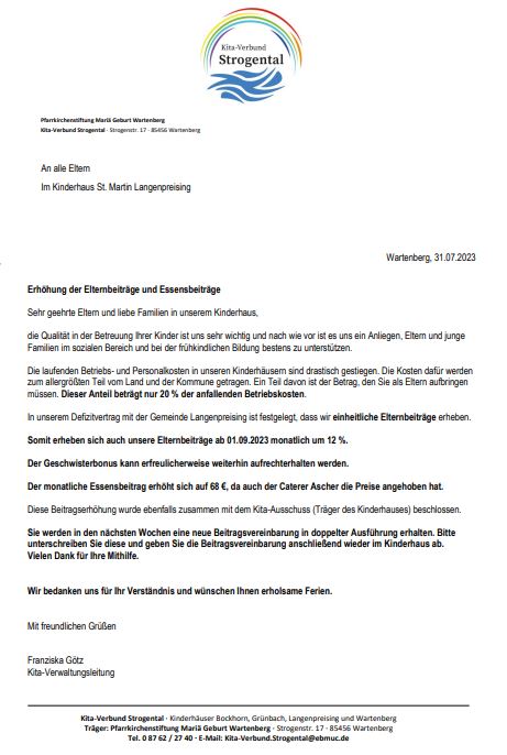 Brief bezüglich der Gebührenerhöhung zum 1. September 2023 von Verbundleitung an die Eltern des Kinderhauses St. Martin