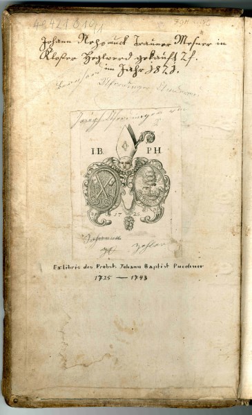 Exlibris des Klosters Höglwörth von 1725 und handschriftlicher Kaufvermerk von 1821