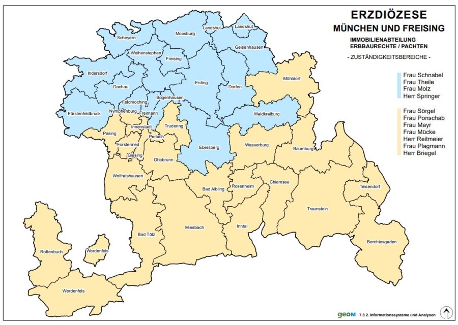 Karte der Zuständigkeitsbereiche der Immobilienabteilung der Erzdiözese München und Freising
