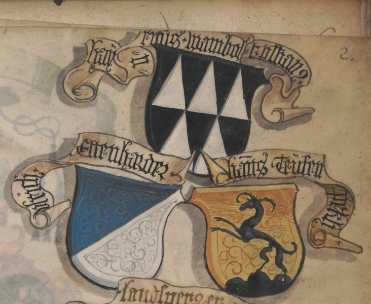 Wappen von Pfarrer Heinrich Wambold (1498-1508) und Kirchpröpsten im Kalendarium von Landshut-St. Jodok