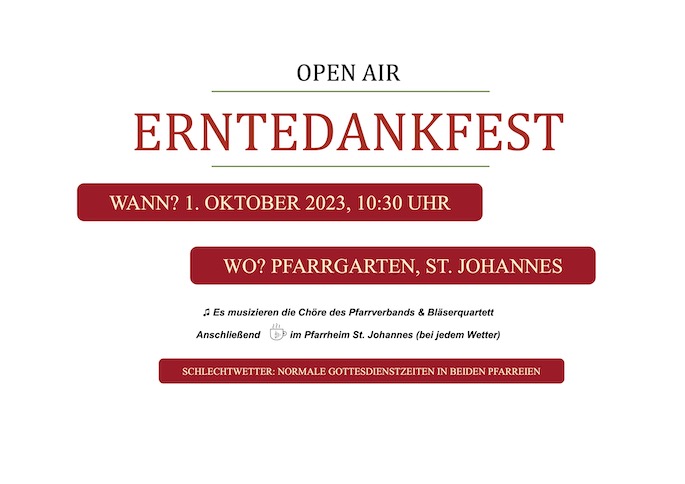 Einladung zum Erntedank am 1.10.23 um 10:30 Uhr im Pfarrgarten St. Johannes