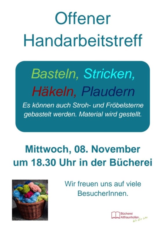 Einladung zum offenen Handarbeitstreff am 08.11.23 in die Bücherei Altfraunhofen