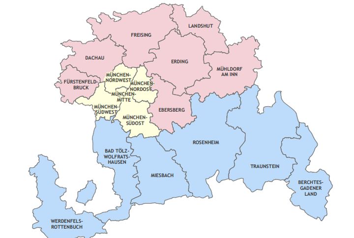 Karte mit den neu eingerichteten Dekanaten zum 1. Januar 2024 in der Erzdiözese München und Freising