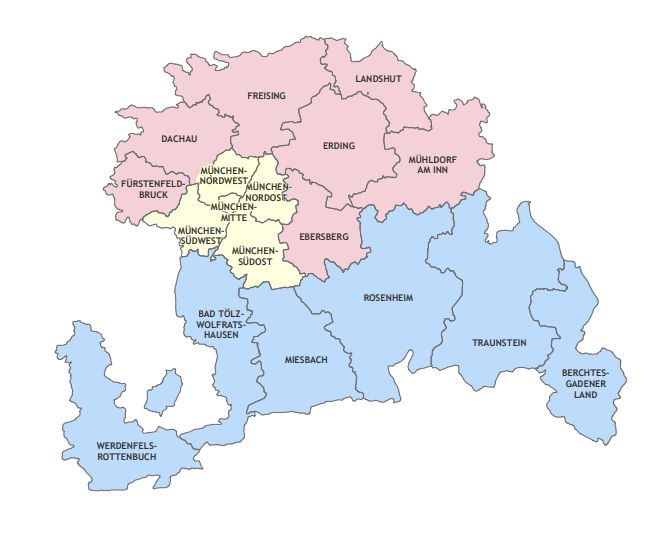 Karte der zum 1. Januar 2024 neu eingerichteten Dekanate in der Erzdiözese München und Freising
