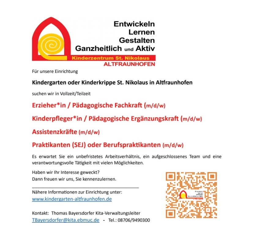 Stellenanzeige für das Kinderzentrum Altfraunhofen November 2023