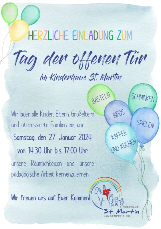 Herzliche Einladung zum Tag der offenen Tür im Kinderhaus St. Martin am Samstag, den 27.01.2024 von 14:30 bis 17 Uhr