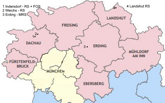 Karte Erzbischöfliche Schulen Erzdiözese München-Freising Nord