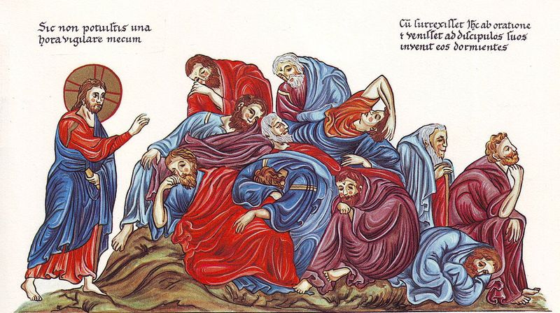 Hortus Deliciarum, Jesus und die schlafenden Apostel am Ölberg