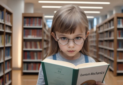 Mädchen liest in einem Buch über Quantenmechanik