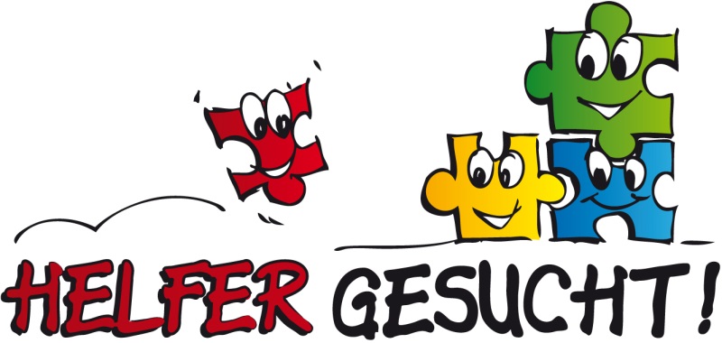 rotes, blaues, grünes und gelbes Puzzleteil mit lustigen stilisierten Gesichtern und Text: Helfer gesucht