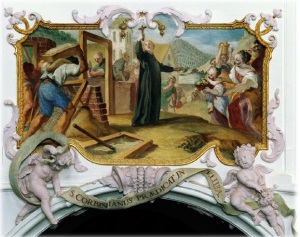 Der Heilige Korbinian predigt in seinem Klösterlein