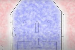 Grafik eines kühlen Kirchenraums in warmer Umgebung