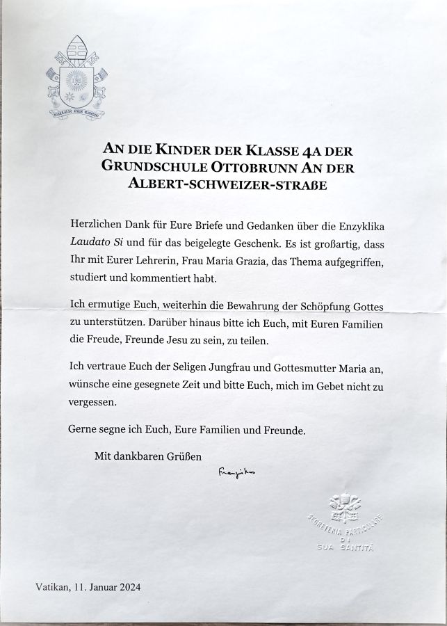 Brief von Papst Franziskus an die Klasse 4a der Grundschule Ottobrunn