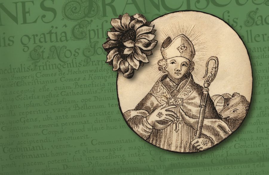 Bucheinband von "Bistumsgeschichte original - Historische Quellen von Korbinian bis heute neu befragt" mit Bild von Korbinian und dem Bären
