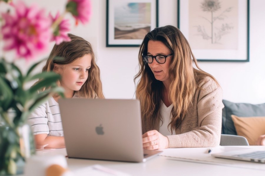 Auf dem Foto ist eine Mutter mit ihrer Tochter vor einem Laptop zu sehen. Sie sitzen im Wohnzimmer und lernen.