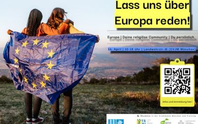 Ankündigungsplakat des Workshops "Lass uns über Europa reden" des Fachbereichs Ökumene und der Abteilung Flucht, Asyl, Migration und Integration am 14. April 2024