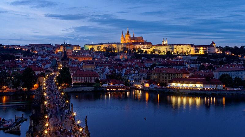 Evening view of Charles Bridge and Prague Castle from Old Town Bridge Tower
