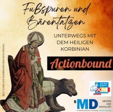 Plakat zum Actionbound "Fußspuren und Bärentatzen" zum Bistumsjubiläum