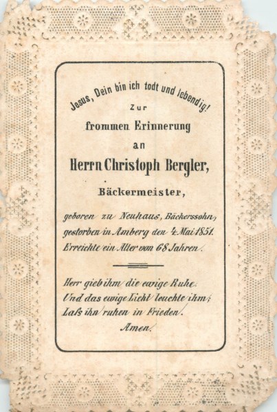 Sterbebild für den Bäckermeister Christoph Bergler aus Amberg, 1851