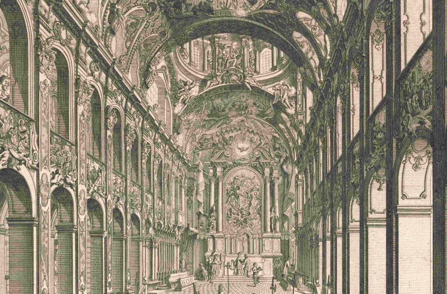 Der Freisinger Dom in der zum Korbiniansjubiläum 1724 erneuerten barocken Gestalt. Kupferstich von Franz Joseph nach Entwurf von Cosmas Damian Asam (Ausschnitt)