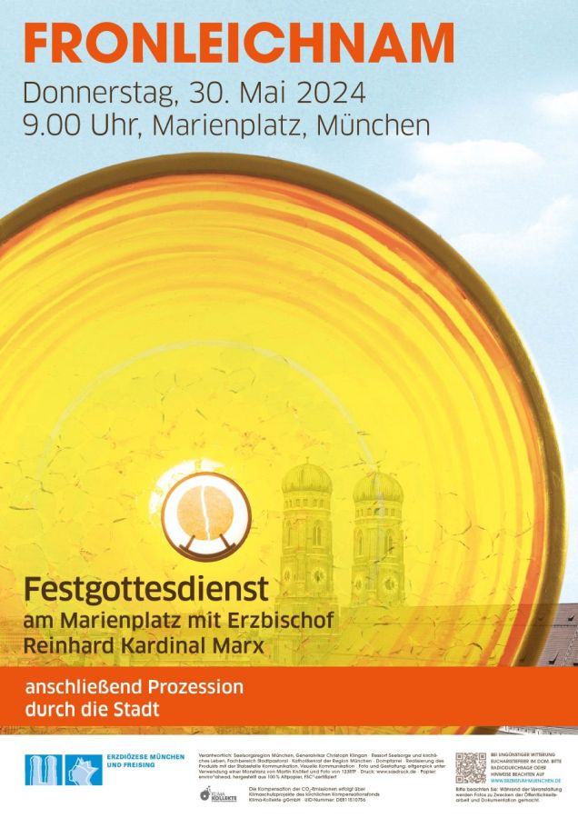 Plakat mit der Ankündigung des Festgottesdienstes und der Prozession in München zu Fronleichnam 2024