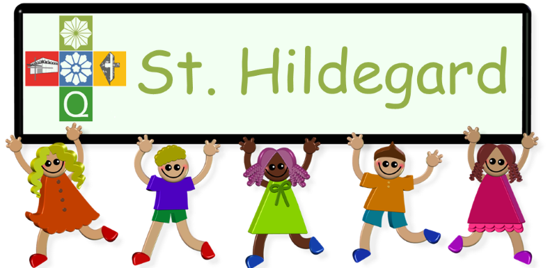 5 lustig, gezeichnete Kinder halten gemeinsam ein Schild hoch auf diesem das Kita-Verbund-Logo und Text: St. Hildegard.