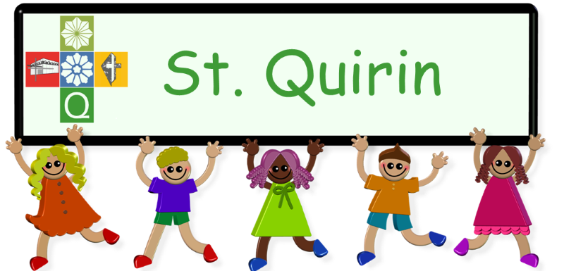 5 lustig, gezeichnete Kinder halten gemeinsam ein Schild hoch auf diesem das Kita-Verbund-Logo und Text: St. Quirin.