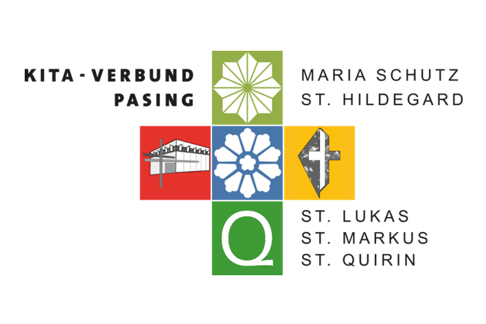 Logo des Kita-Verbunds Pasing. Ein Kreuz mit den blauen, grünen, roten und gelben Icons der jeweiligen Kitas.