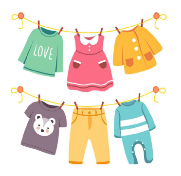 6 Stilisierte bunte Kinderkleidungen hängen an 2 Wäscheleinen