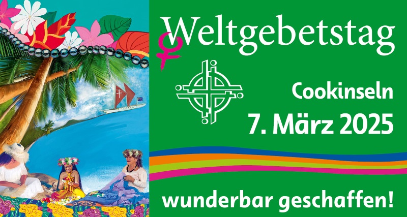 Zwei bunt gekleidete Frauen sitzen am Strand unter Palmen. Logo des diesjährigen Weltgebetstage
