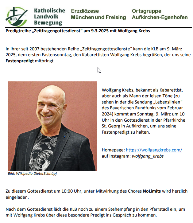 Ankündigung, Zeitfragengottesdienst, Wolfgang Krebs, KLB