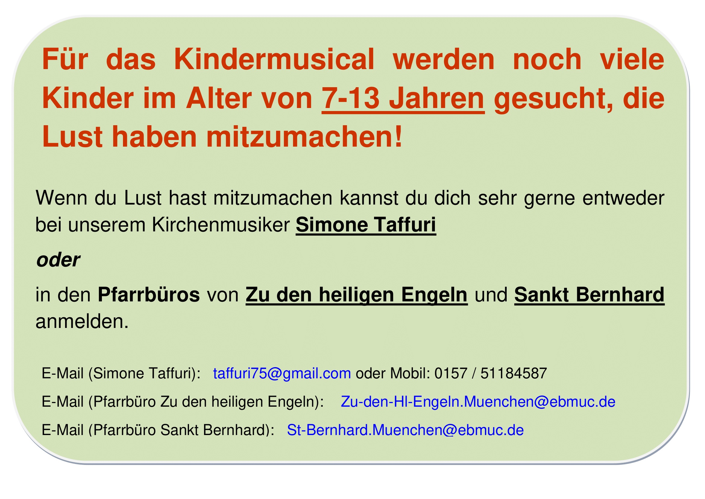 Flyer mit Aufruf für Kinder zur Teilnahme am Kindermusical in St. Bernhard