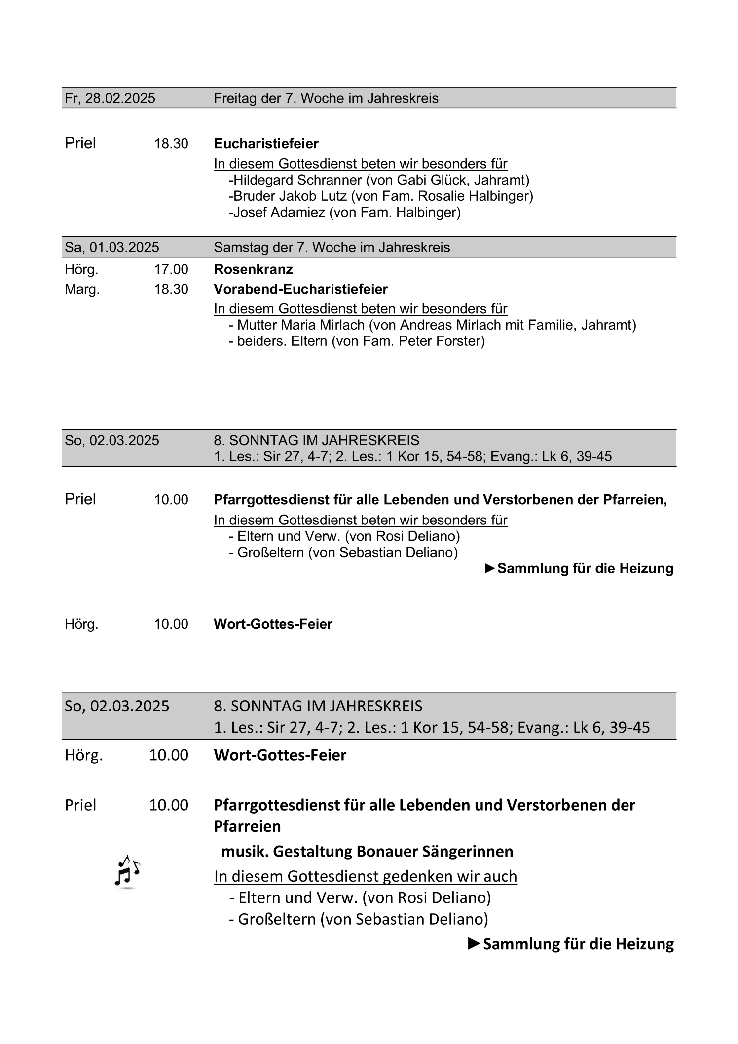 Gottesdienstordnung Pfarrverband Hörgertshausen Gammelsdorf vom 28.02.2025 bis 06.04.2025 Seite 1