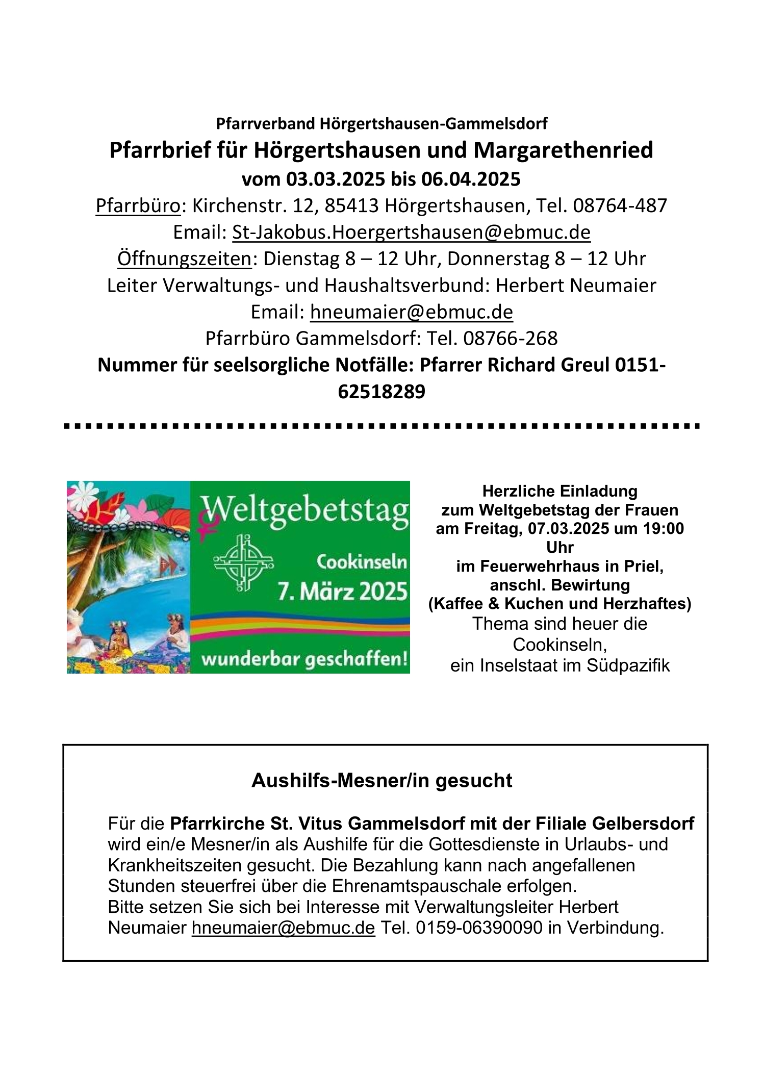 Pfarrnachrichten Hörgertshausen Margarethenried vom 03.02.2025 bis 06.04.2025 Seite 1