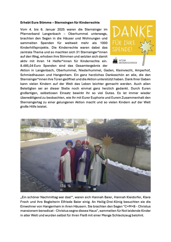 Artikel Sternsinger 2025 Langenbacher Kurier Foto